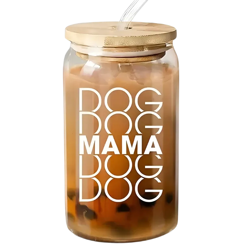 16oz Engraved Dog Mom Coffee Glass with Bamboo Lid – Unique Gift for Dog Lovers