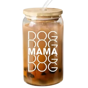 16oz Engraved Dog Mom Coffee Glass with Bamboo Lid – Unique Gift for Dog Lovers