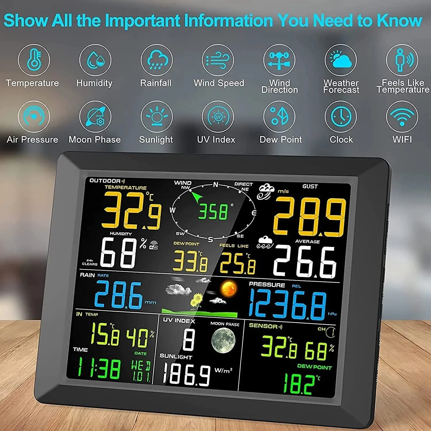 20-In-1 Wi-Fi Weather Station with Digital Display for Temperature, Humidity, Wind Speed Direction, Rainfall