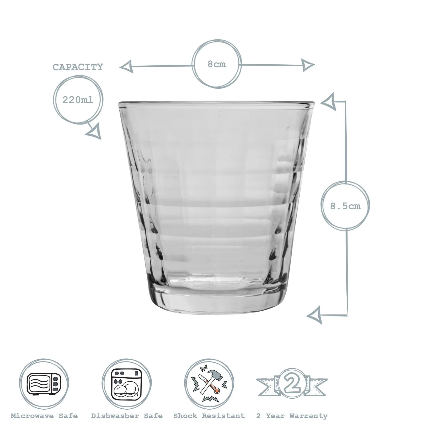 220ml Clear Prisme Water Glasses - Pack of Six - By Duralex