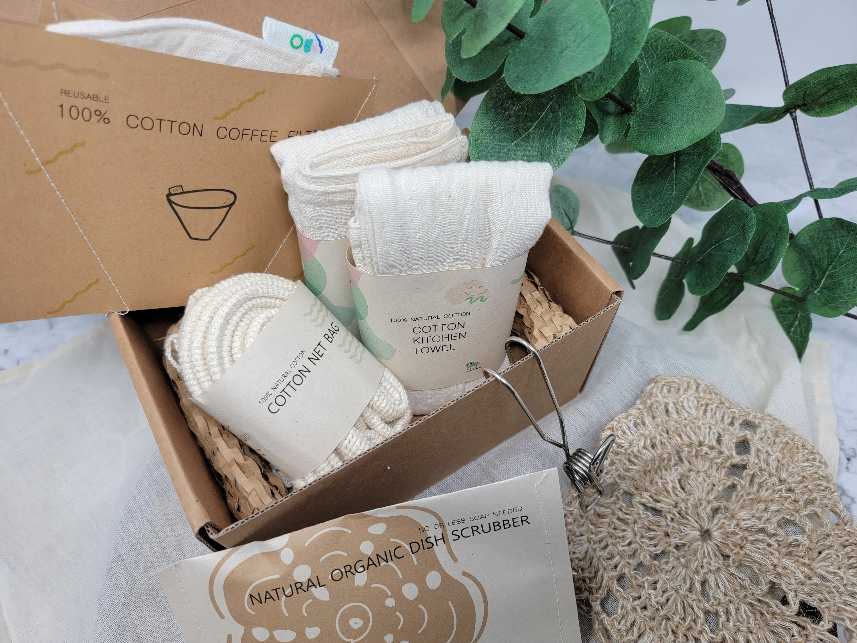 All Natural Biodegradable Gift Set of Kitchen Towel Dish Scrubber Holder Coffee Filter Net Bag