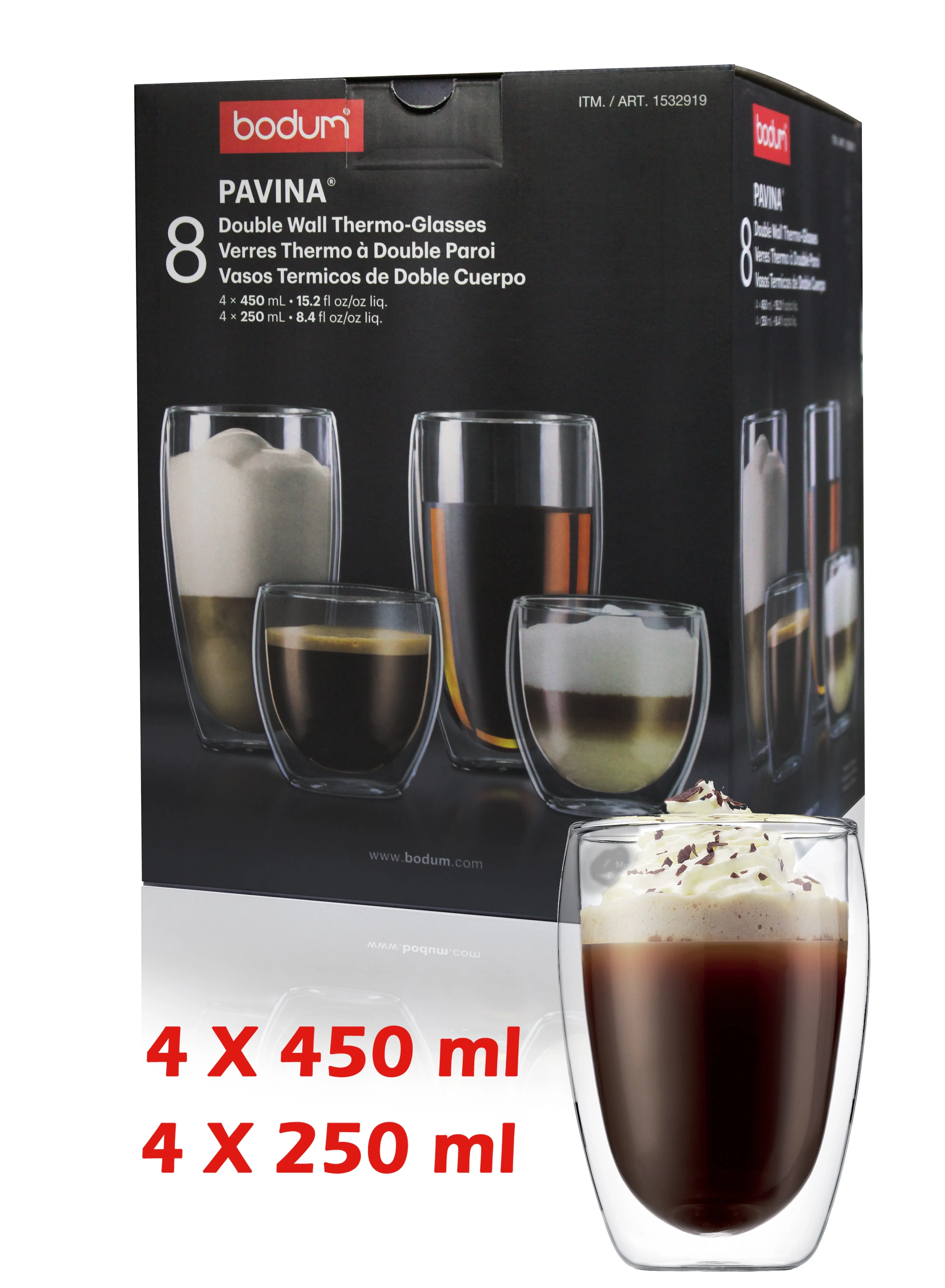 Bodum PAVINA Double Walled Thermo Glasses - Pack of 8 (4x 450ml and 4x 250ml)