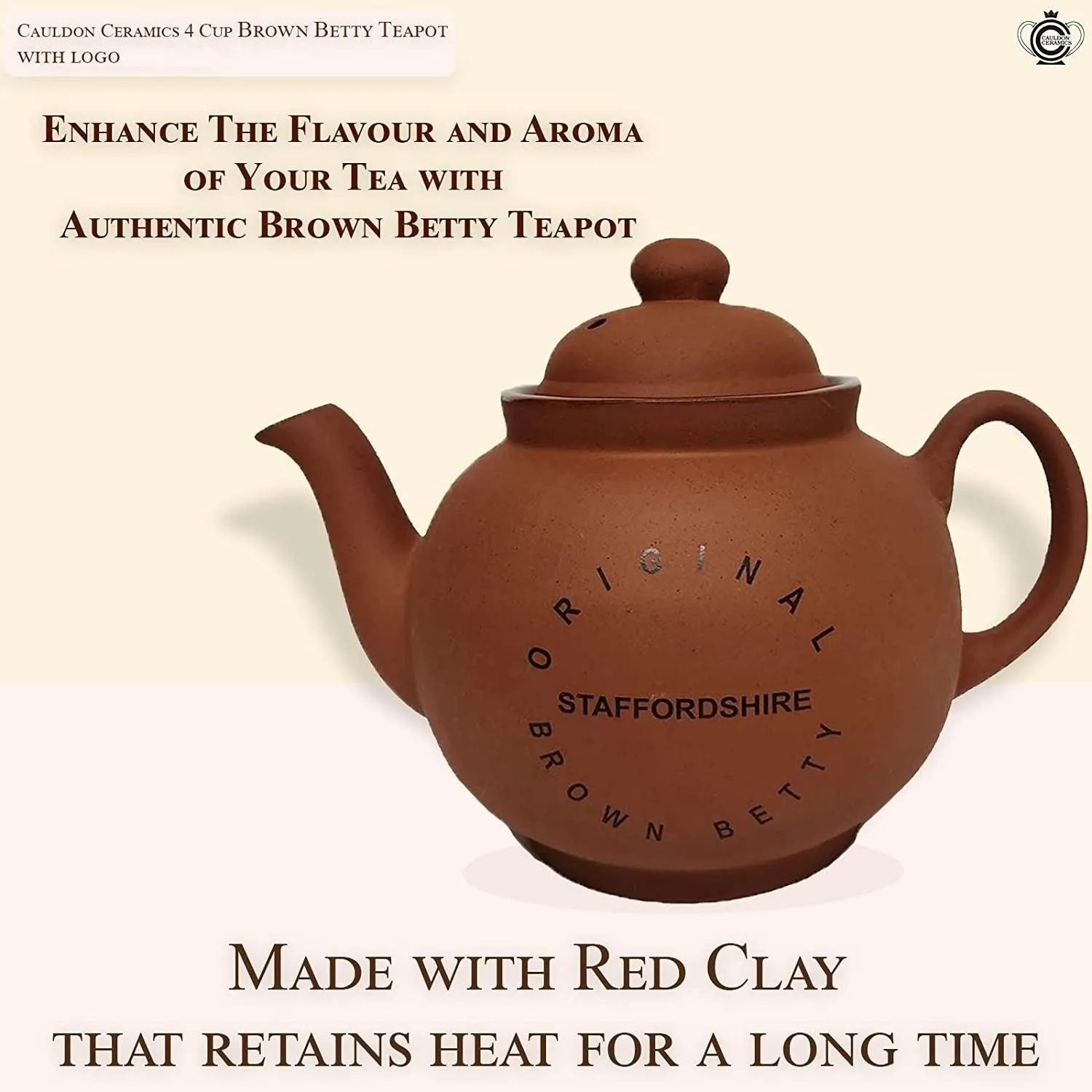 Cauldon Ceramics Traditional Handmade 4 Cup Terracotta Teapot with Logo | Made with Staffordshire Red Clay