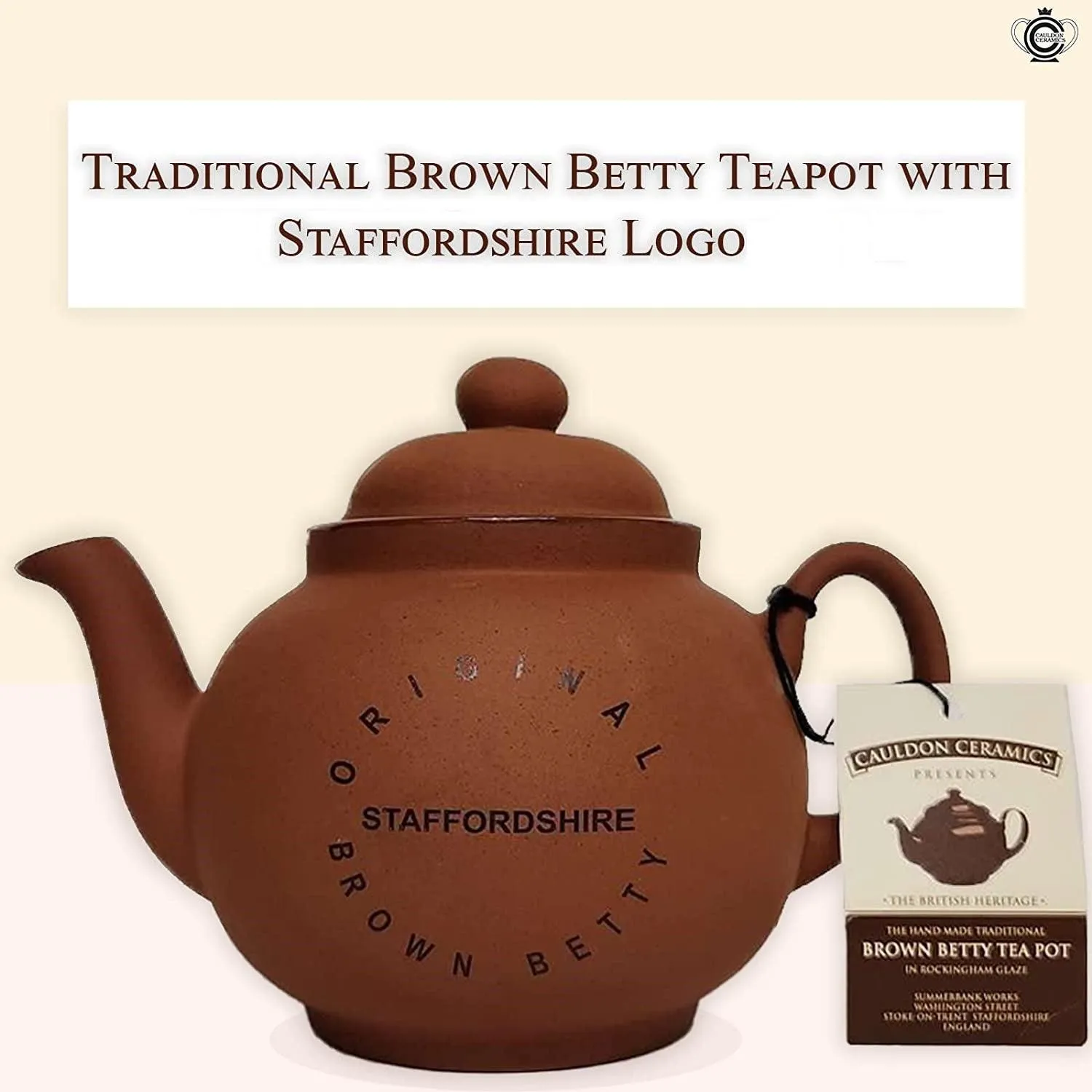 Cauldon Ceramics Traditional Handmade 4 Cup Terracotta Teapot with Logo | Made with Staffordshire Red Clay