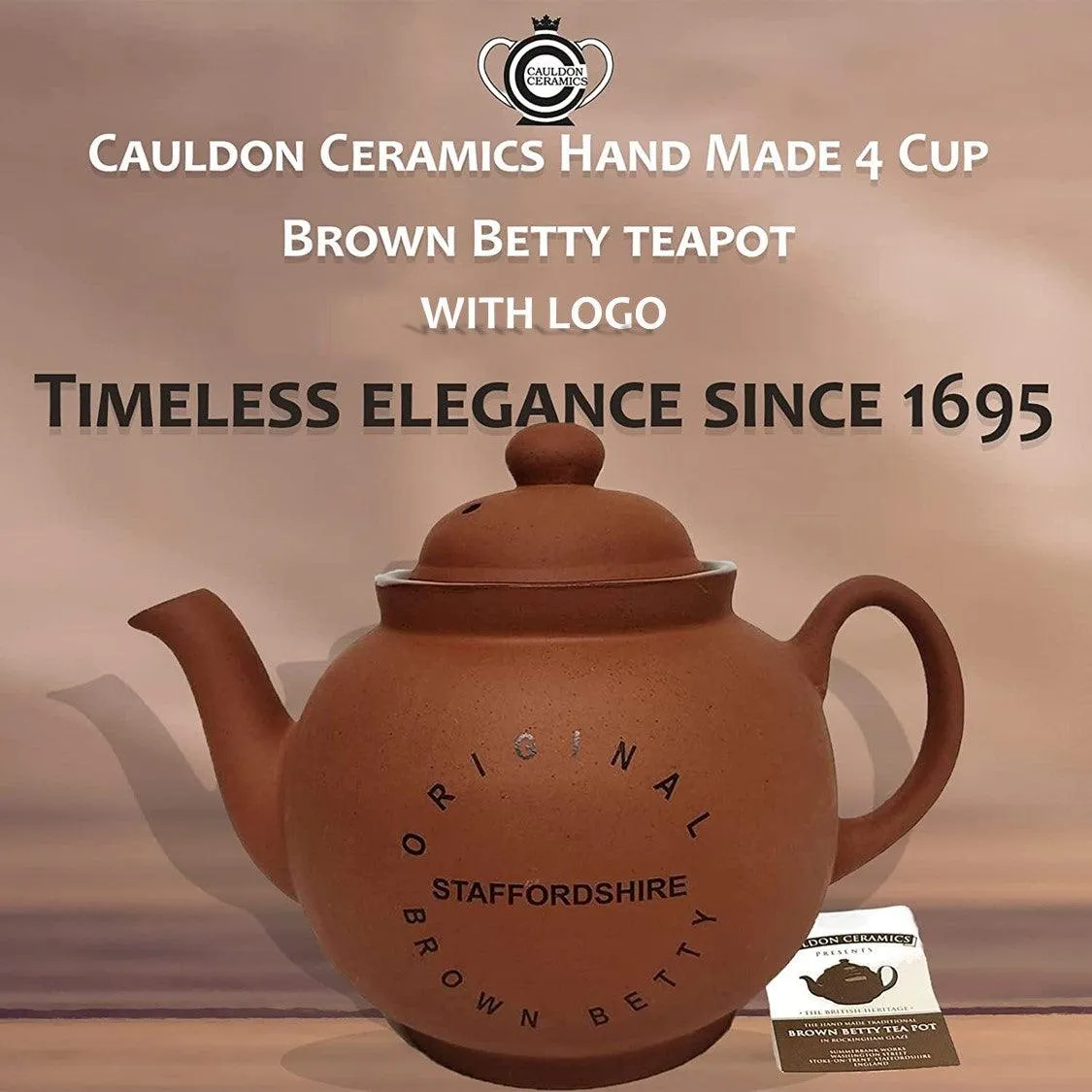 Cauldon Ceramics Traditional Handmade 4 Cup Terracotta Teapot with Logo | Made with Staffordshire Red Clay