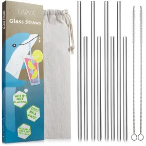 Glass Straws Drinking Reusable With Case: 8 Clear Glass Straws with Straw Brush in 2 sizes