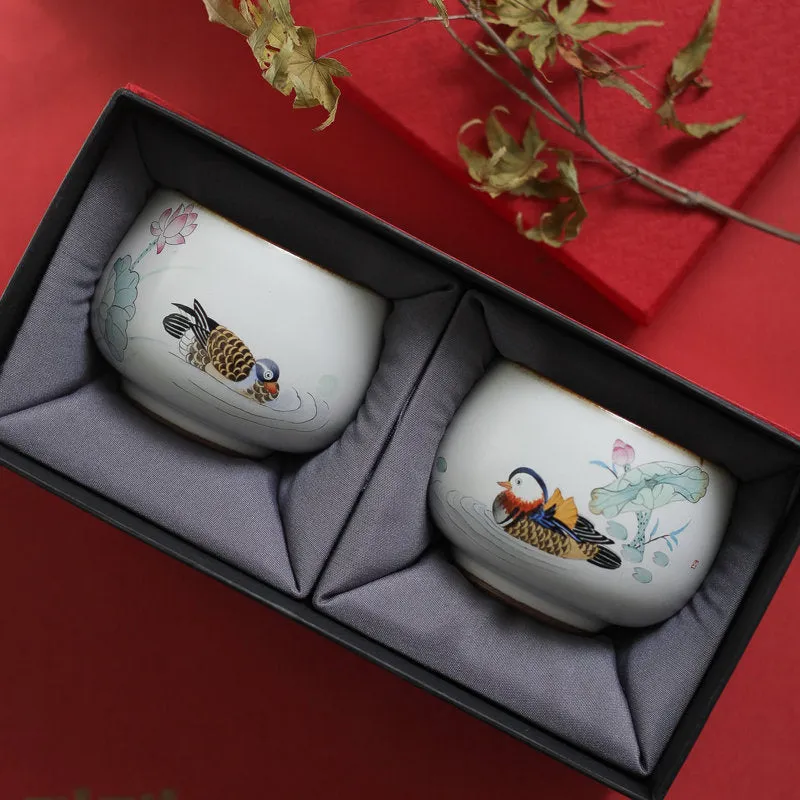 Gohobi A Set of 2 Hand-painted Mandarin Duck Tea Cup