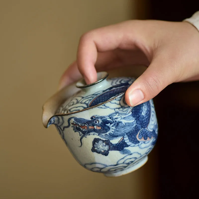 Gohobi Hand-painted Vintage Style Blue and White Dragon Gaiwan  Hohin Teapot