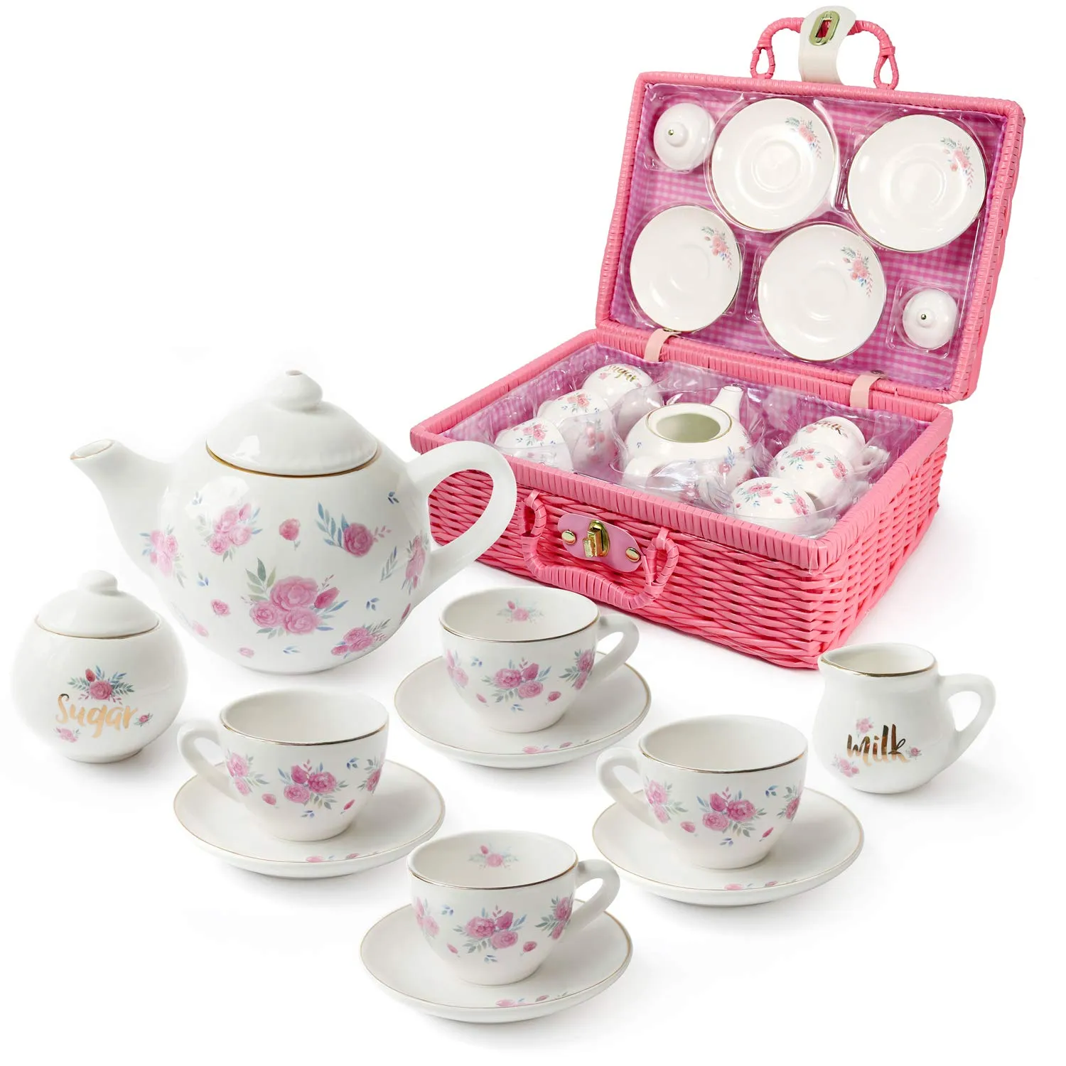 Jewelkeeper Porcelain Tea Set for Little Girls with Pink Picnic Basket, Floral Design, 13