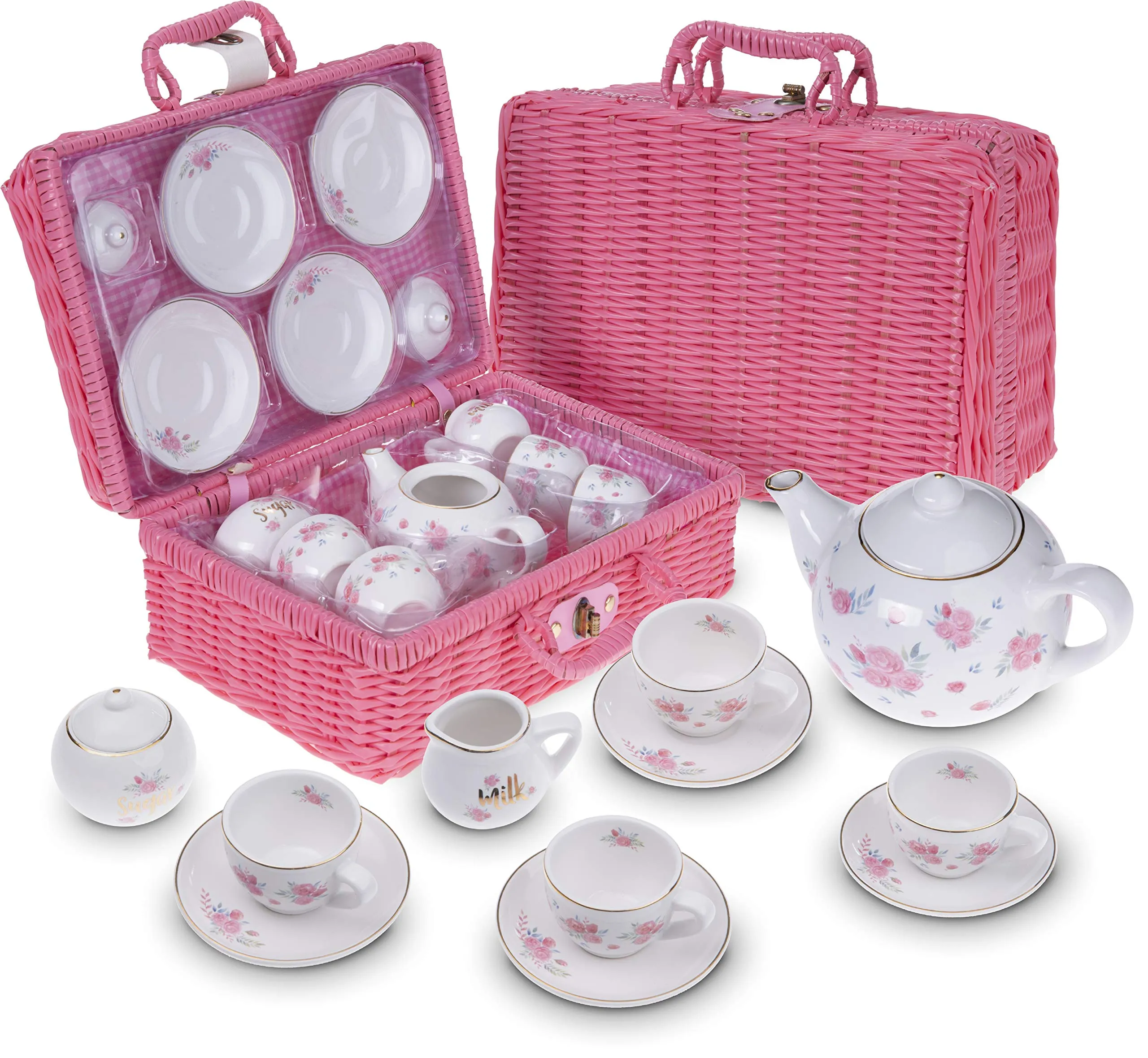 Jewelkeeper Porcelain Tea Set for Little Girls with Pink Picnic Basket, Floral Design, 13