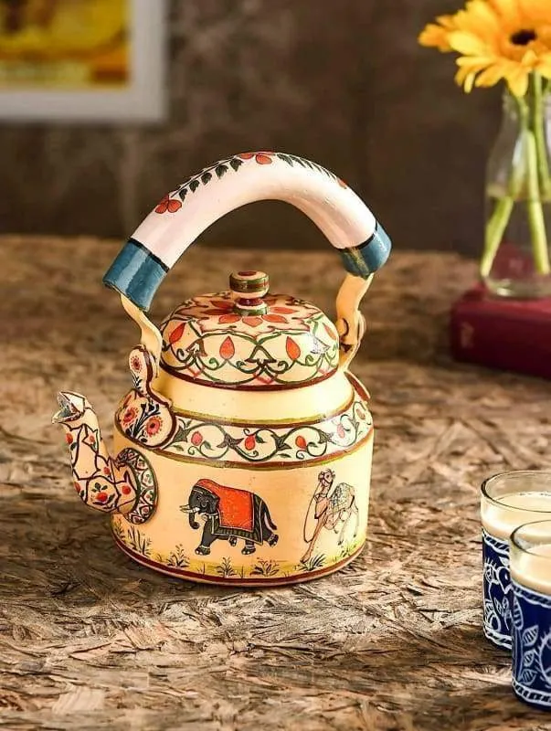 KAUSHALAM HAND PAINTED TEA KETTLE:INDIALE CAMEL & ELEPHENT