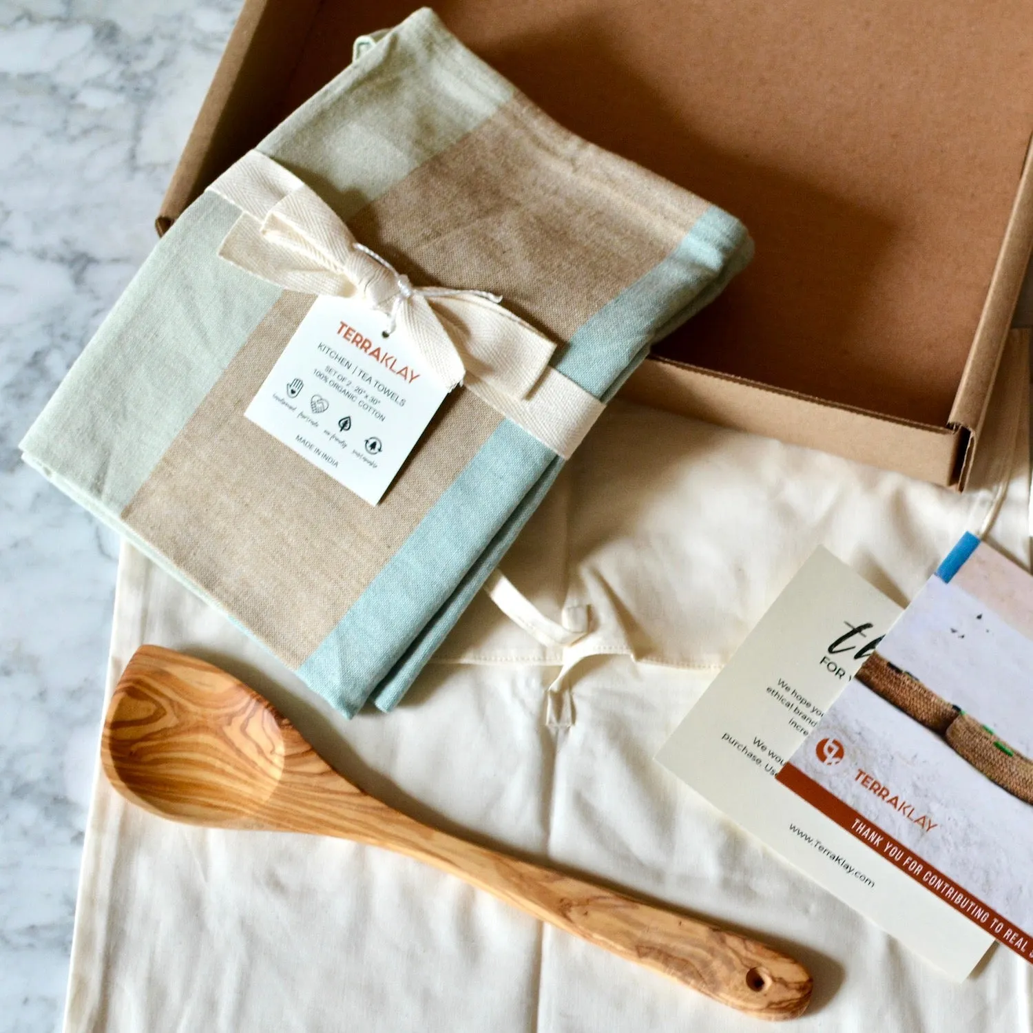 Kitchen Towel Set With Olive Wood Spoon Gift