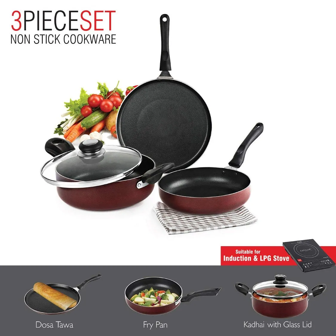 Non-Stick Prima Induction Base Cookware Set, 3 Pieces