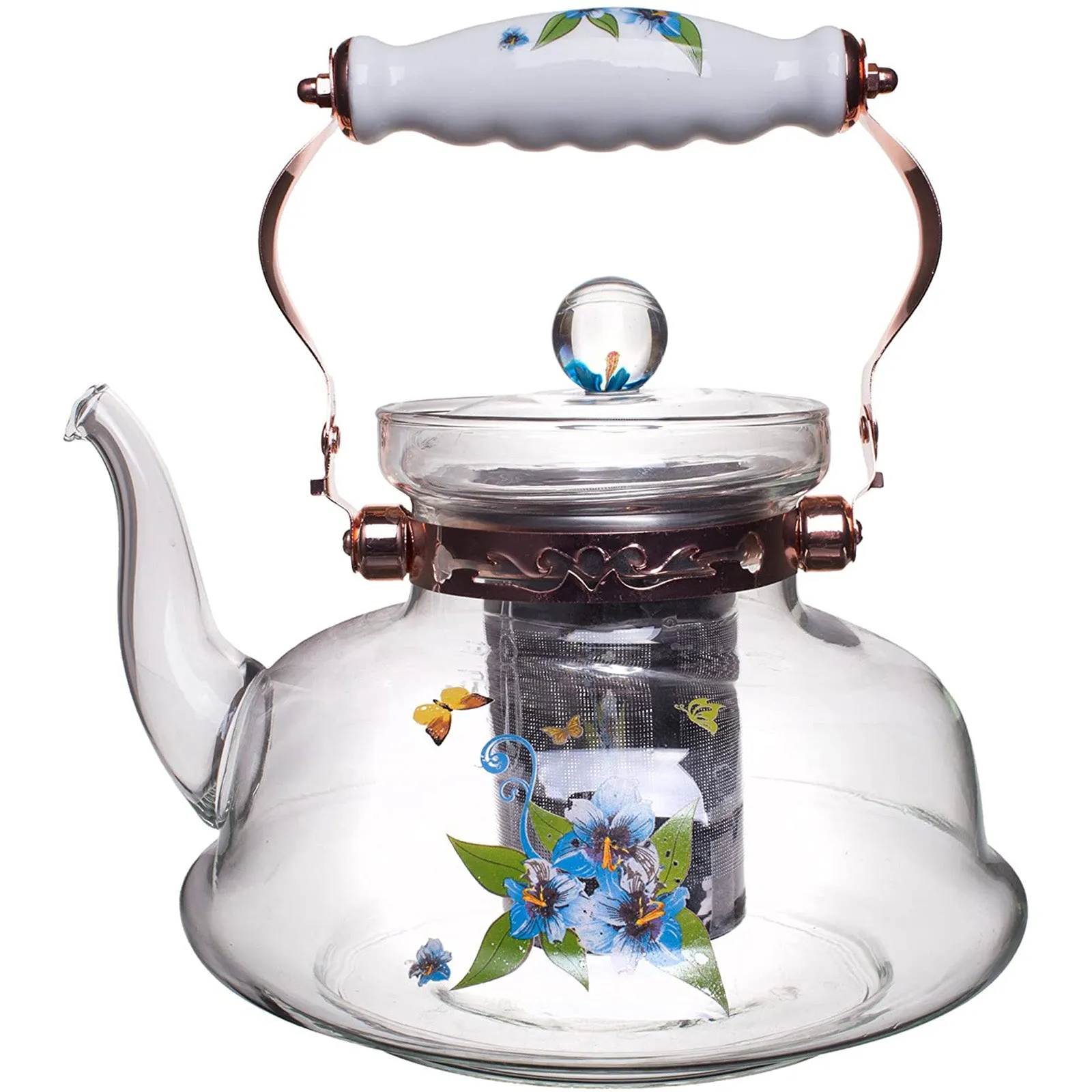 Pastel Flowers European Style Glass Stovetop Teapot with Stainless Steel Infuser