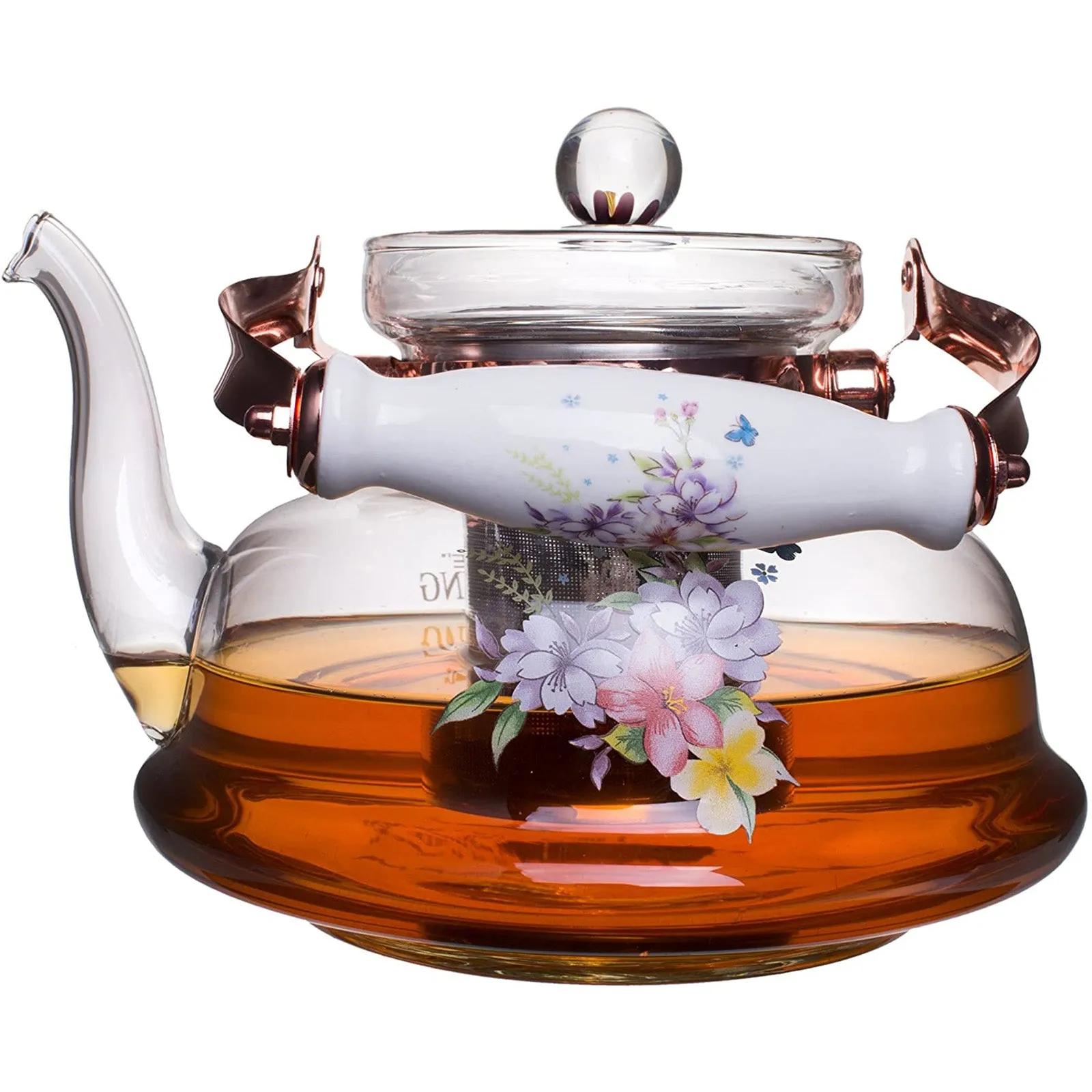 Pastel Flowers European Style Glass Stovetop Teapot with Stainless Steel Infuser