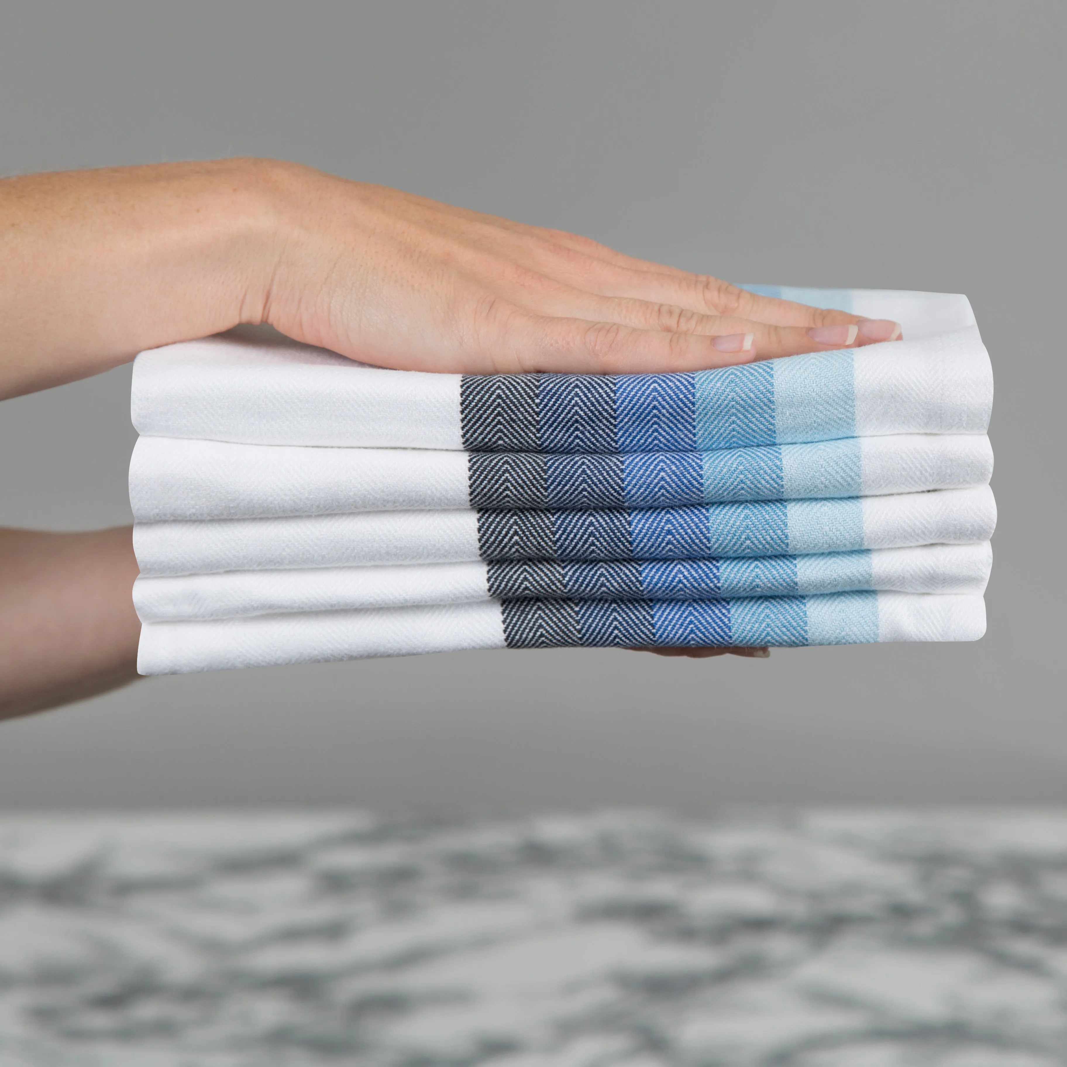 Set of 5 Multi-Coloured Herringbone Cotton Tea Towels in Six Colours