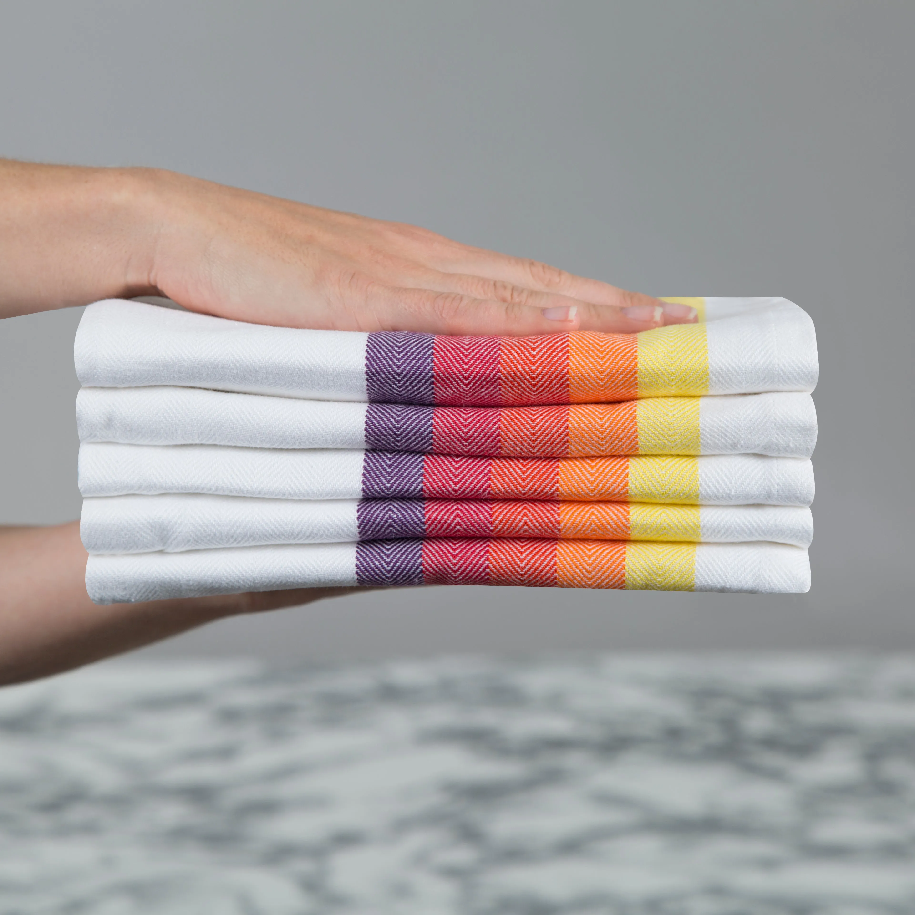 Set of 5 Multi-Coloured Herringbone Cotton Tea Towels in Six Colours