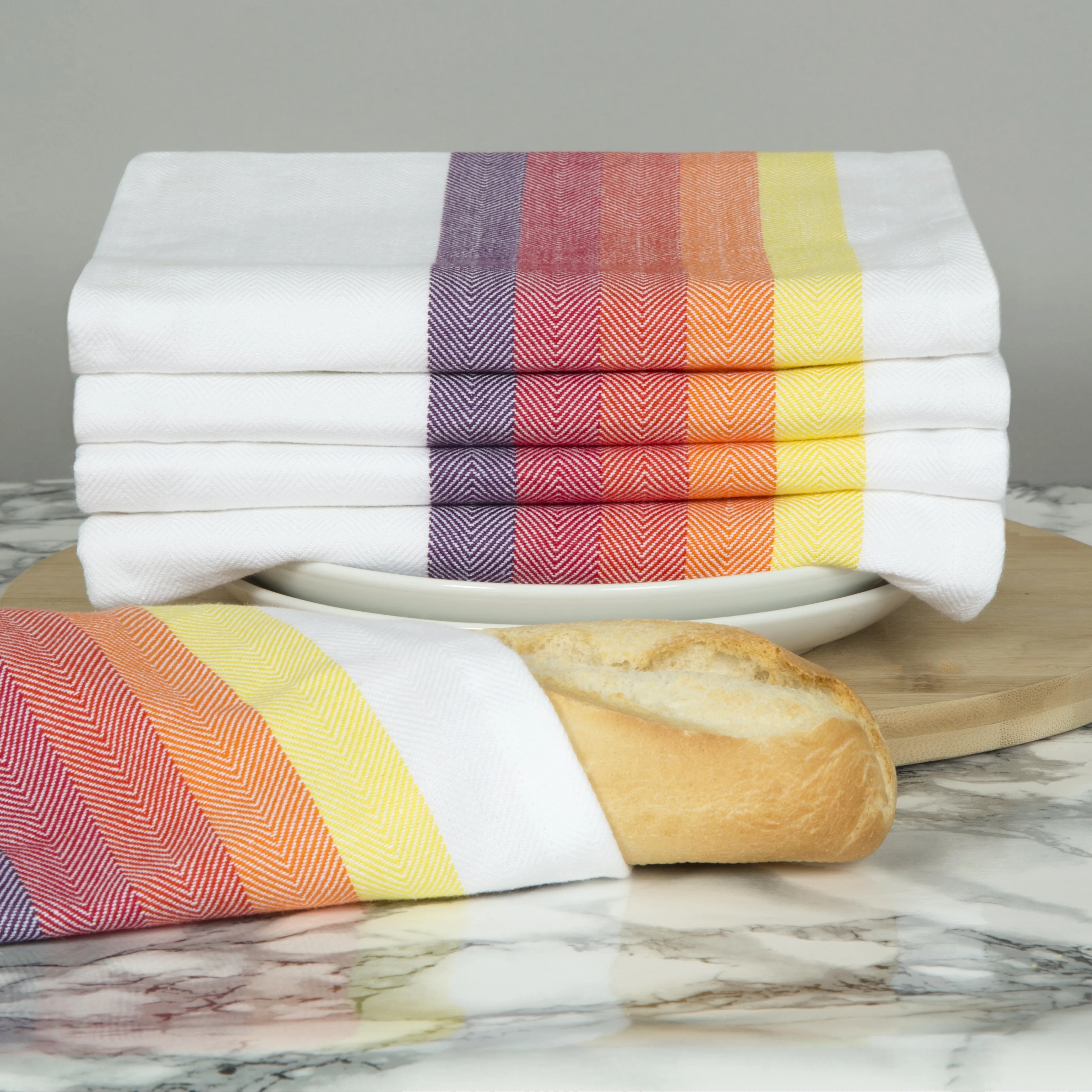 Set of 5 Multi-Coloured Herringbone Cotton Tea Towels in Six Colours