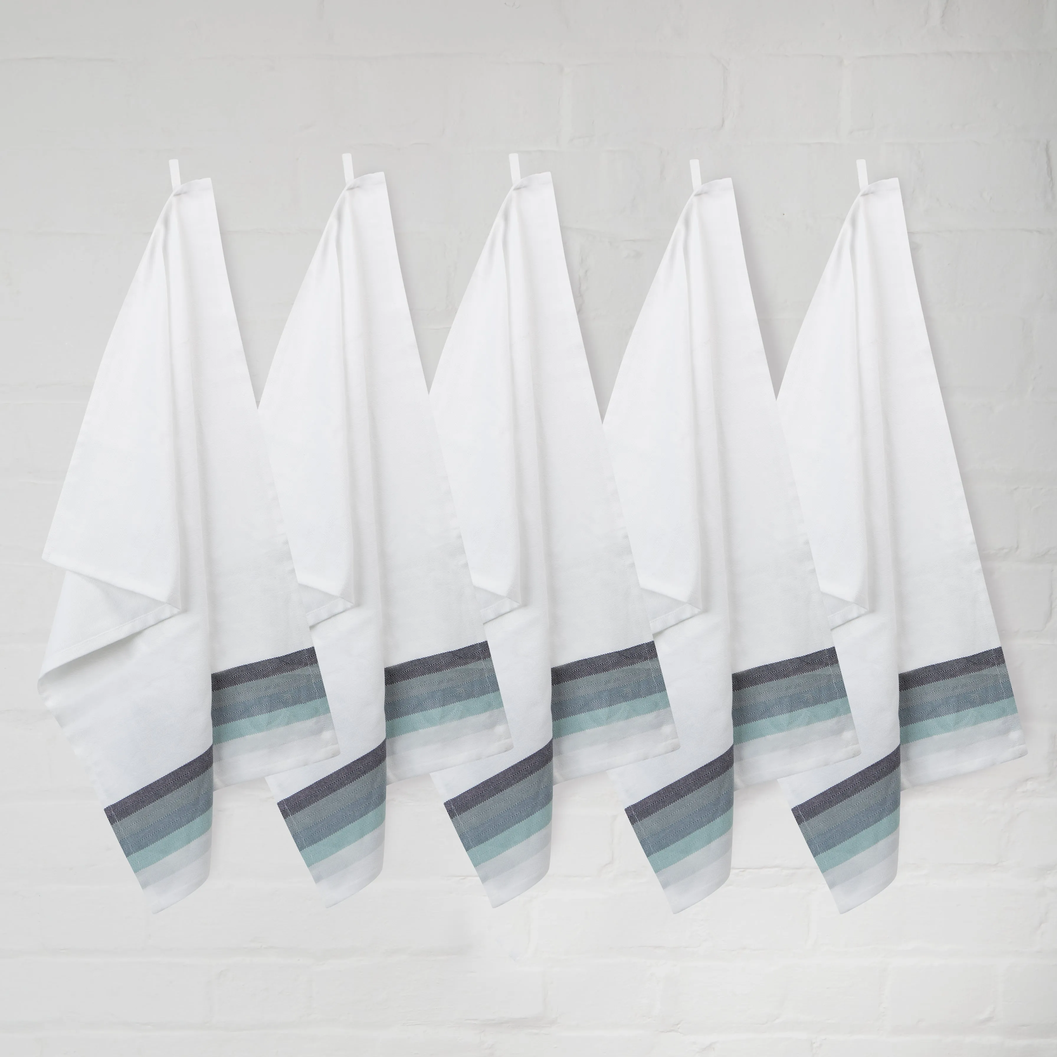 Set of 5 Multi-Coloured Herringbone Cotton Tea Towels in Six Colours