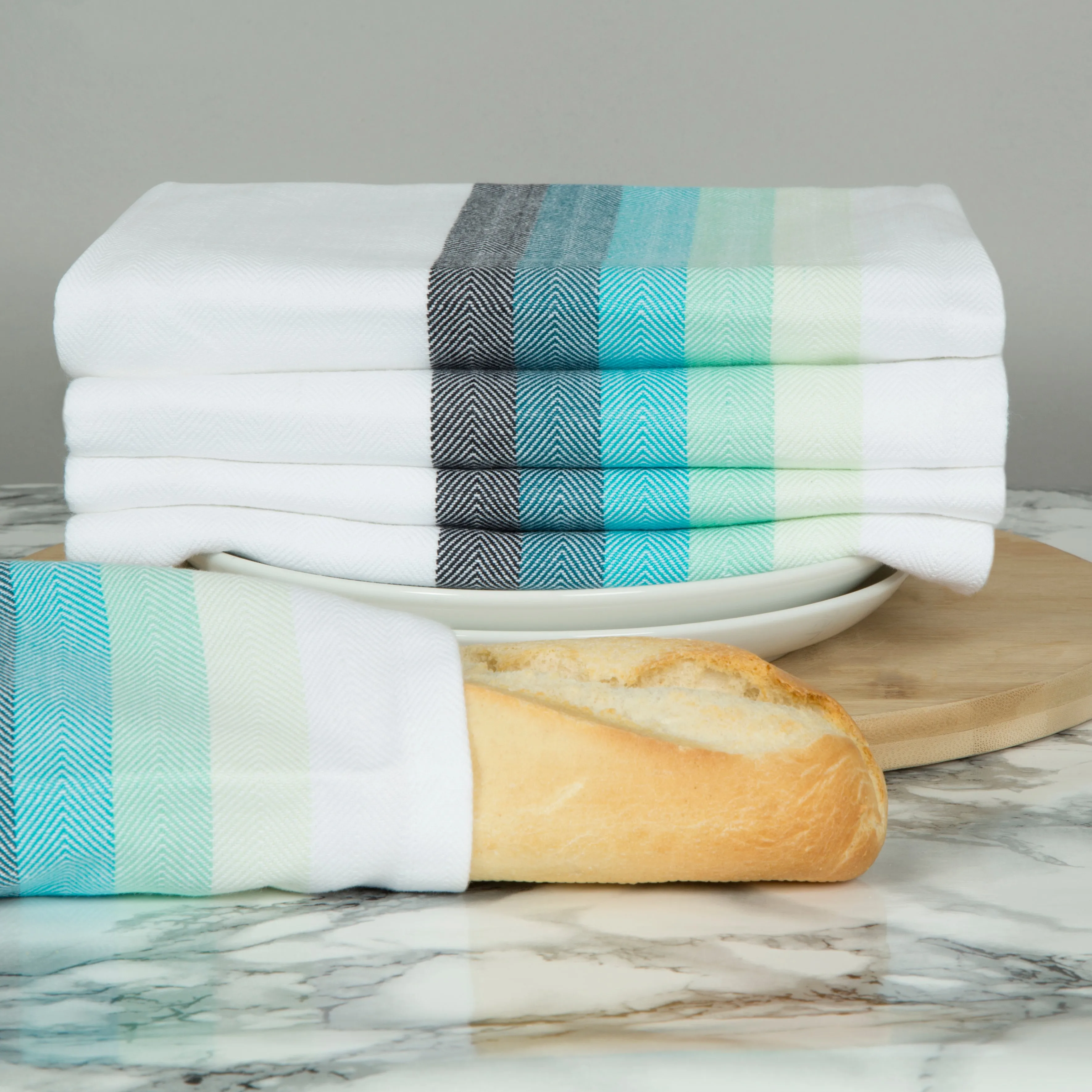 Set of 5 Multi-Coloured Herringbone Cotton Tea Towels in Six Colours