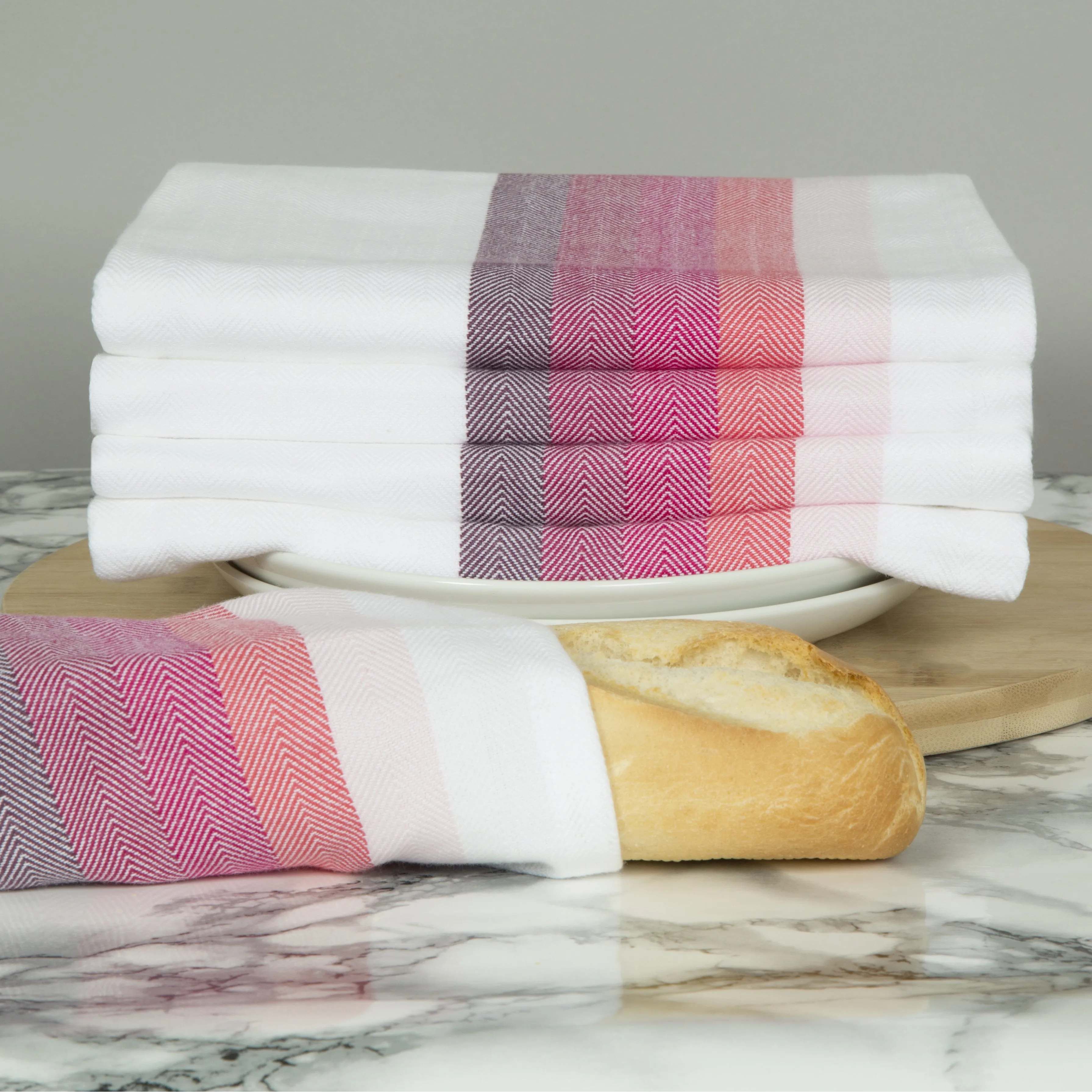 Set of 5 Multi-Coloured Herringbone Cotton Tea Towels in Six Colours