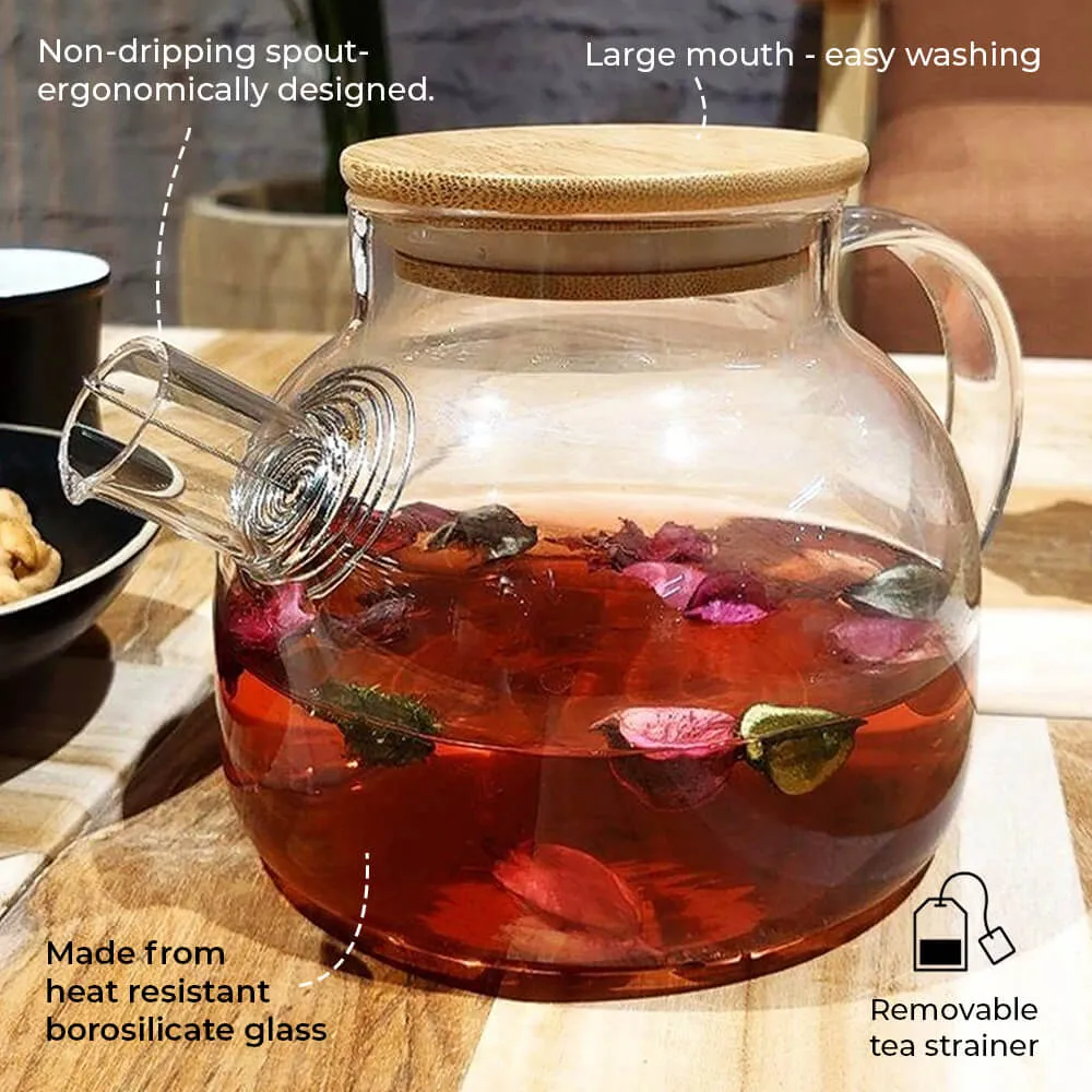 1 Litre Heat-Resistant Borosilicate Glass Teapot with Eco-Friendly Bamboo Lid – Perfect for Tea Lovers